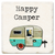 Coaster made of absorbent ceramic & cork back printed with happy camper above cute retro camper