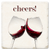 Coaster made of absorbent ceramic & cork back printed with cheers above 2 glasses of red wine clinking together