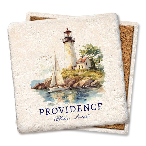 Coaster made of natural absorbent stone with full cork back printed with a lighthouse and sailboat watercolor landscape with Providence, Rhode Island name drop underneath
