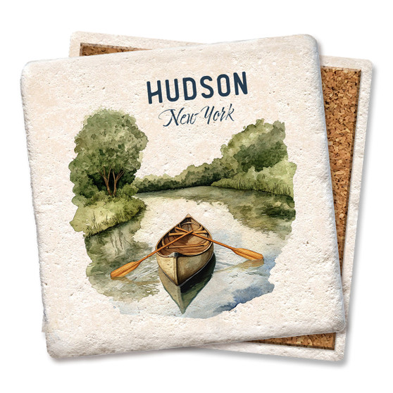 Coaster made of natural absorbent stone with full cork back printed with a watercolor of a canoe floating on a scenic river with Hudson, New York name drop at the top