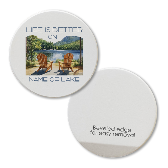 car coaster made of absorbent ceramic printed with custom lake showing beveled edge on back for easy removal