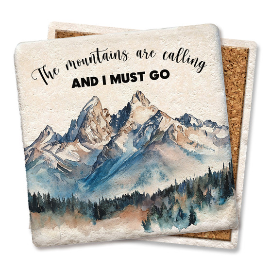 Coaster made of absorbent stone & cork back printed with The Mountains Are Calling
