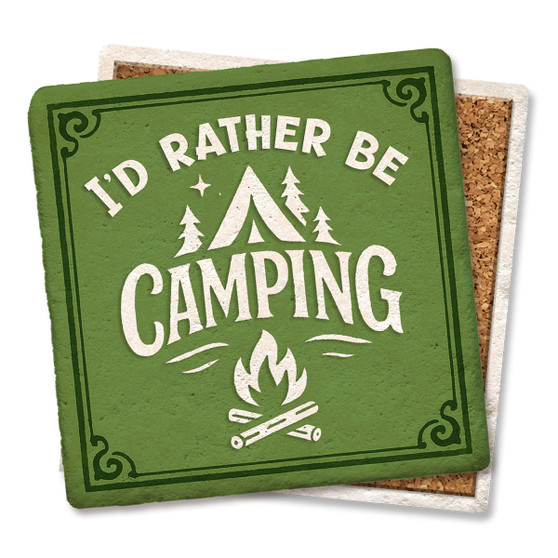 Coaster made of absorbent stone & cork back printed with I'd Rather Be Camping