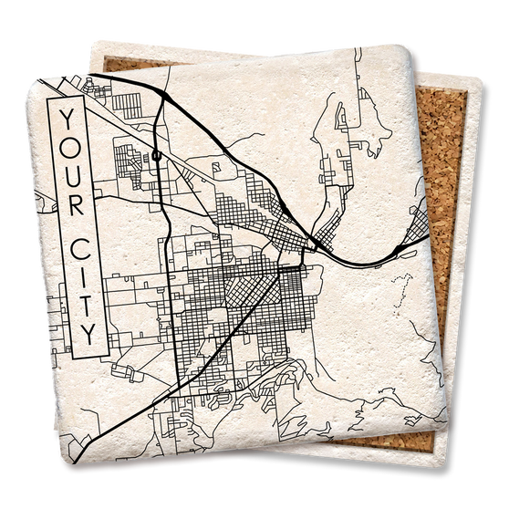 coaster made of natural absorbent stone with full cork back printed with custom city street map