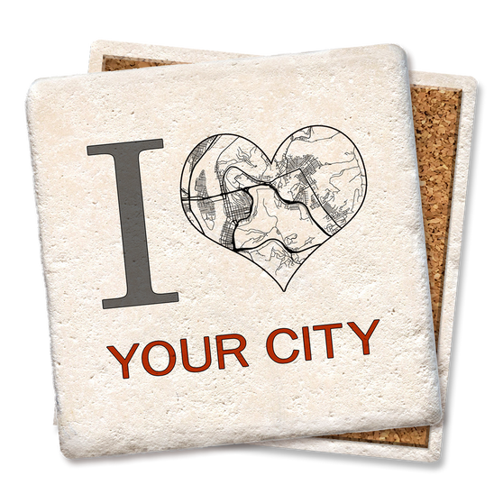 coaster made of natural absorbent stone with full cork back printed with custom I heart city