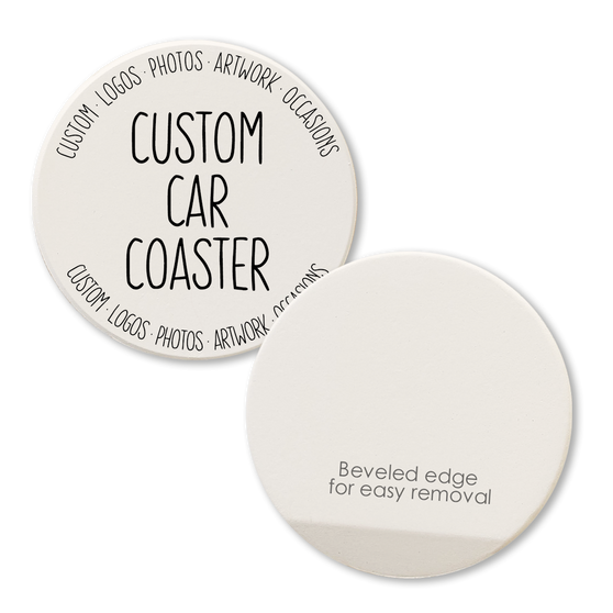 custom car coaster made of absorbent ceramic showing beveled edge on back for easy removal