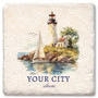 Detail of custom lighthouse coaster showing placement of city and state names
