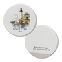 car coaster made of absorbent ceramic printed with custom lighthouse showing beveled edge on back for easy removal