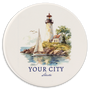 car coaster showing detail of custom lighthouse print and placement of city and state namedrop