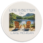 car coaster showing example of custom lake print with Lake Michigan name drop