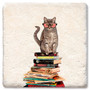 Coaster showing detail of a cat sitting on a stack of books wearing glasses