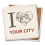 coaster made of natural absorbent stone with full cork back printed with custom I heart city