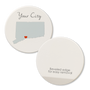 car coaster made of absorbent ceramic printed with custom love your town showing beveled edge on back for easy removal