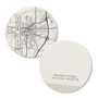 car coaster made of absorbent ceramic printed with custom city street map showing beveled edge on back for easy removal