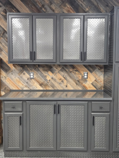 Industrial mancave with wood walls and Gunmetal diamond plate cabinets