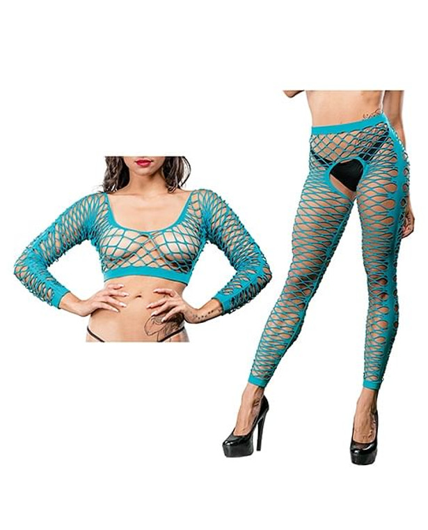 Beverly Hills Naughty Girl Crotchless Front Mesh & Side Design Leggings Turquoise O/S X615-BH69579SD-TQ-OS