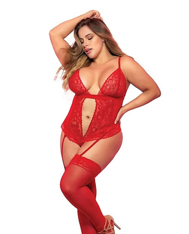 Lace & Mesh Teddy w/Hook & Eye Crotch Closure w/Attached Garter Straps Red 2X/3X X615-MPE8568-RD-X3