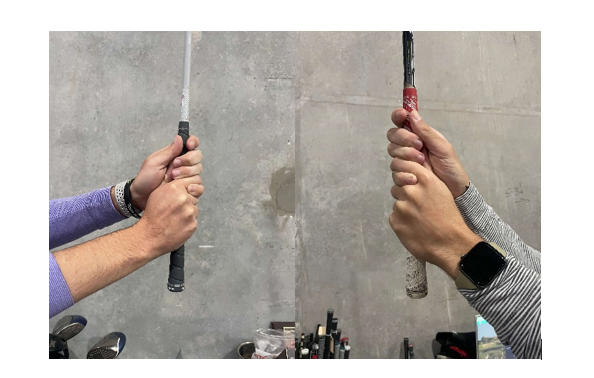 Left- and right- handed golfers choking down. Left- and right- handed golfers choking down.