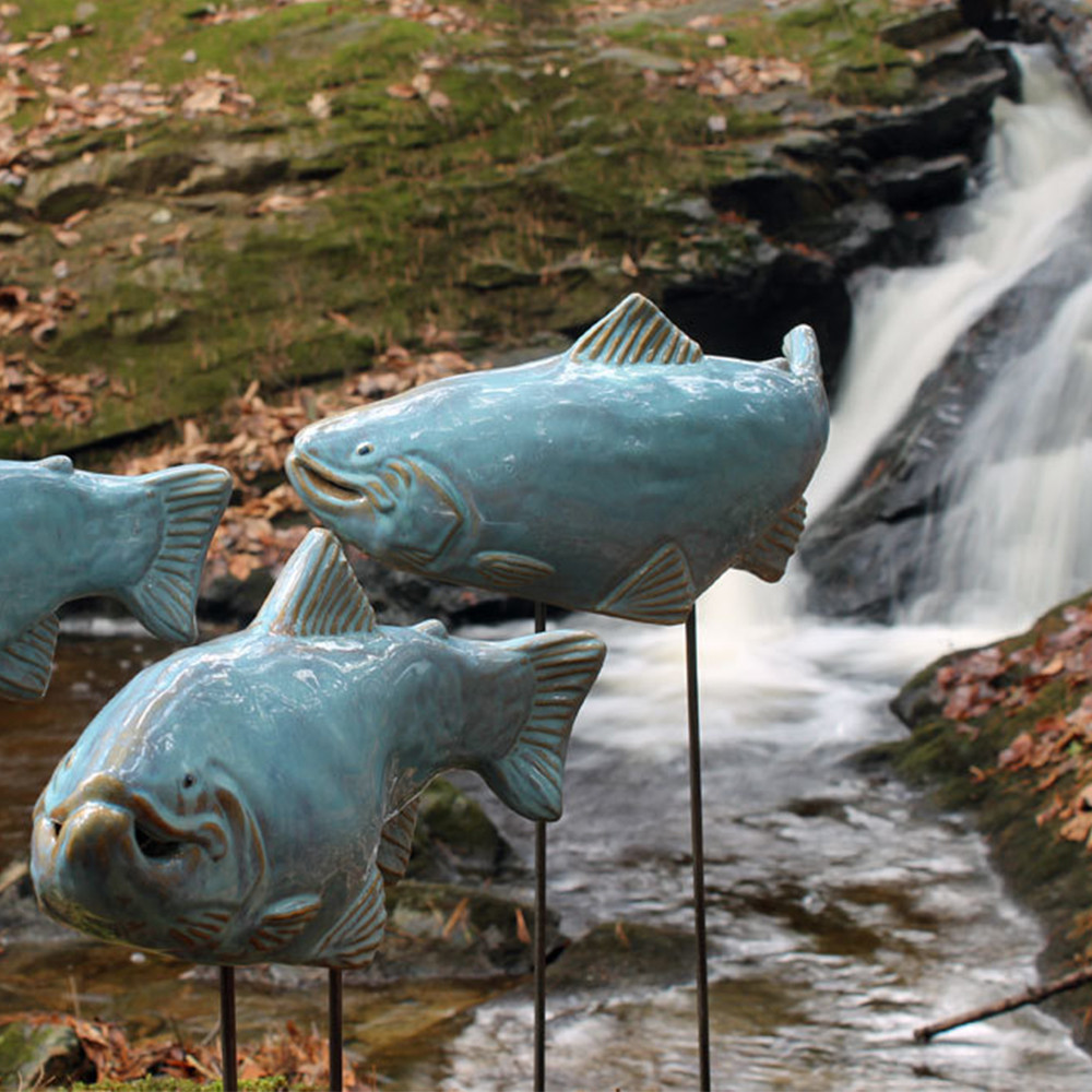 Ceramic Sky Colored Trout Garden Art Statues Made in Maine