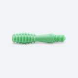 Side view of the turquoise colored Massage Tip - can see the ribbed texture along the rounded shape of the tip and the threaded end that screws into the Z-Vibe.