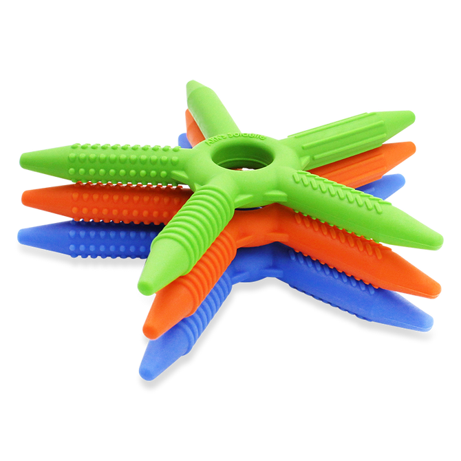 A stack of three SolaBite™ Five Pointed Chews; a textured chew with 5 thin extensions long enough to reach the back molars.