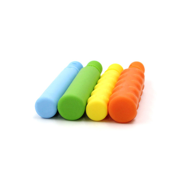 All four Bite-n-Chew Tips; these come in thin (smooth or texture) or thick (smooth or textured) for different uses in biting and chewing exercises.