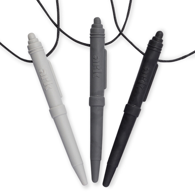Collection of pen-shaped chewable jewelry in a variety of colors and smooth texture