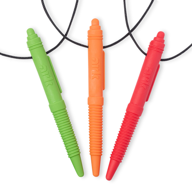 Collection of pen-shaped chewable jewelry in a variety of colors and ribbed texture