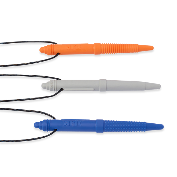 Side view of 3 different texture options for ARK chewable pen necklaces