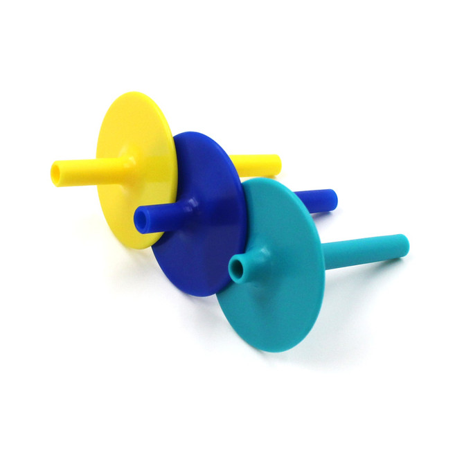 The Lip Blok comes in three different mouthpiece lengths – 3⁄4” (yellow, clear, pink lips, or orange mustache), 1⁄2” (blue), and 1⁄4” (teal). For the best results, start with the longest 3⁄4” length. Once the individual becomes accustomed to that length, switch to the 1⁄2”, and then finally to the 1⁄4”.