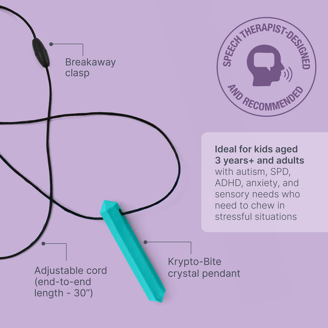The Krypto-Bite Gem necklace features a breakaway necklace cord and is approved by speech therapists.