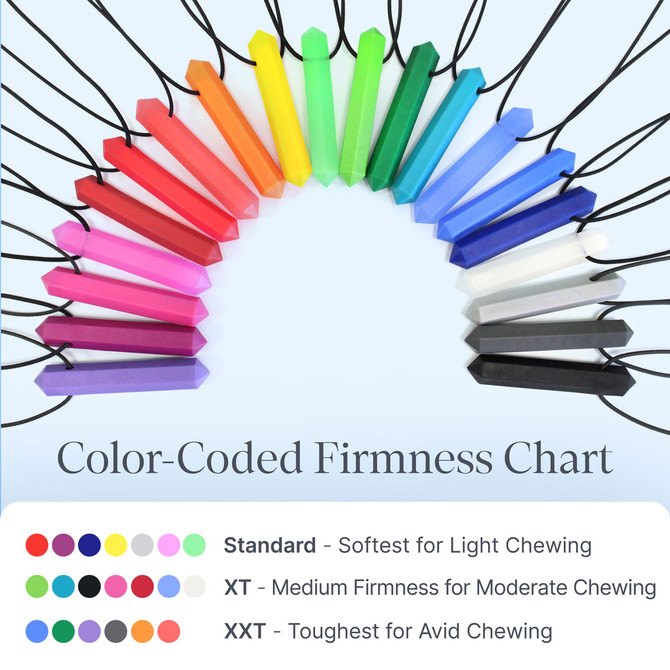 The Krypto-Bite necklace is available in three toughness levels, which are color coded.