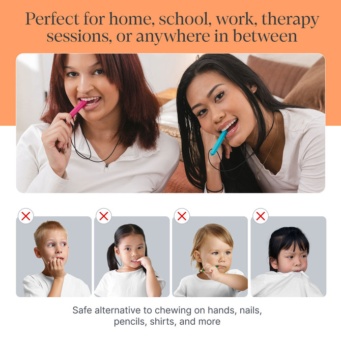 The Krypto-Bite necklace is perfect for chewing at home, school, work, therapy sessions, or anywhere in between.