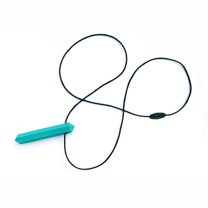 3" long chewable necklace on a 30" necklace cord with safety breakaway clasp.