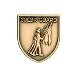 Gold shield-shaped JROTC Color Guard medal with three soldiers in profile, lead member carrying a flagpole.