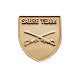 Gold shield-shaped JROTC Sabre Team award with a pair of crossed sabres engraved in raised relief design.