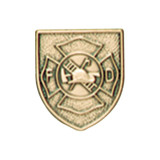 Gold shield-shaped JROTC medal with a Maltese cross, fire helmet centerpiece, and sunburst relief pattern.