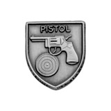 Silver JROTC Pistol shield medal with a relief engraving of a revolver centered over a target bullseye.