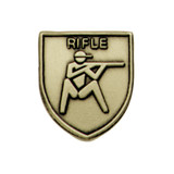 Gold shield-shaped JROTC Rifle medal with an embossed firearm and 'RIFLE' lettered at the top in relief.