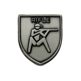 Silver JROTC Rifle shield medal featuring a raised rifle engraving and bold 'RIFLE' inscription at top.