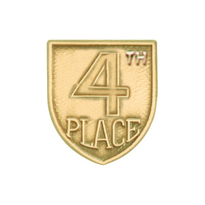 Polished gold shield-shaped JROTC 4th Place pin with embossed placement text and raised numeral detail.