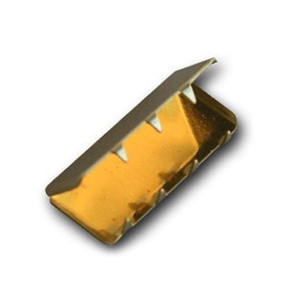 Gold-colored web waist belt buckle tip with serrated teeth for secure fastening. Gold-colored web waist belt buckle tip with serrated teeth for secure fastening.