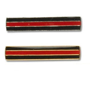 Two firefighter mourning bar pins, one with a black background and a single red stripe, the other with a black background and two red stripes, both with gold-colored borders. Two firefighter mourning bar pins, one with a black background and a single red stripe, the other with a black background and two red stripes, both with gold-colored borders.