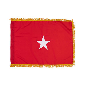 Red-colored general officer flag with a golden border and a white star in the center. Red-colored general officer flag with a golden border and a white star in the center.