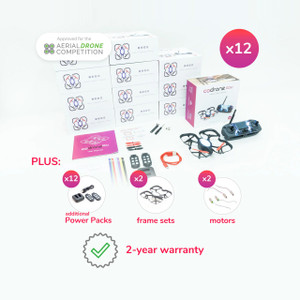 CoDrone EDU Classroom 12-pack showing stacked drone boxes, an unboxed drone, and all bundled components.