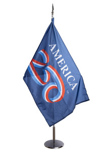 America's 250th Anniversary outdoor blue flag featuring a stylized red, white, and blue ribbon '250' logo and white 'AMERICA' text, displayed on an outdoor floor stand.