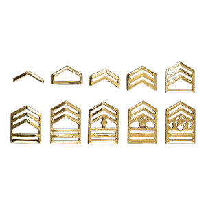 Set of gold ARMY ROTC metal chevrons with various insignia ranks displayed on a white background. Set of gold ARMY ROTC metal chevrons with various insignia ranks displayed on a white background.