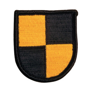 Ranger beret flash patch with a black and yellow shield design on a black background. Ranger beret flash patch with a black and yellow shield design on a black background.
