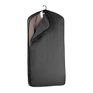 Black garment bag with transparent mesh window, full-length zipper, and hanger hook for travel and clothing protection.