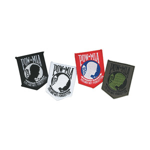 Four POW-MIA patches in different colors, each 4 inches in size, featuring the emblem of a silhouette head with a barbed wire and watchtower, with the phrases ‘You are not forgotten’ and ‘POW*MIA’. Four POW-MIA patches in different colors, each 4 inches in size, featuring the emblem of a silhouette head with a barbed wire and watchtower, with the phrases ‘You are not forgotten’ and ‘POW*MIA’.